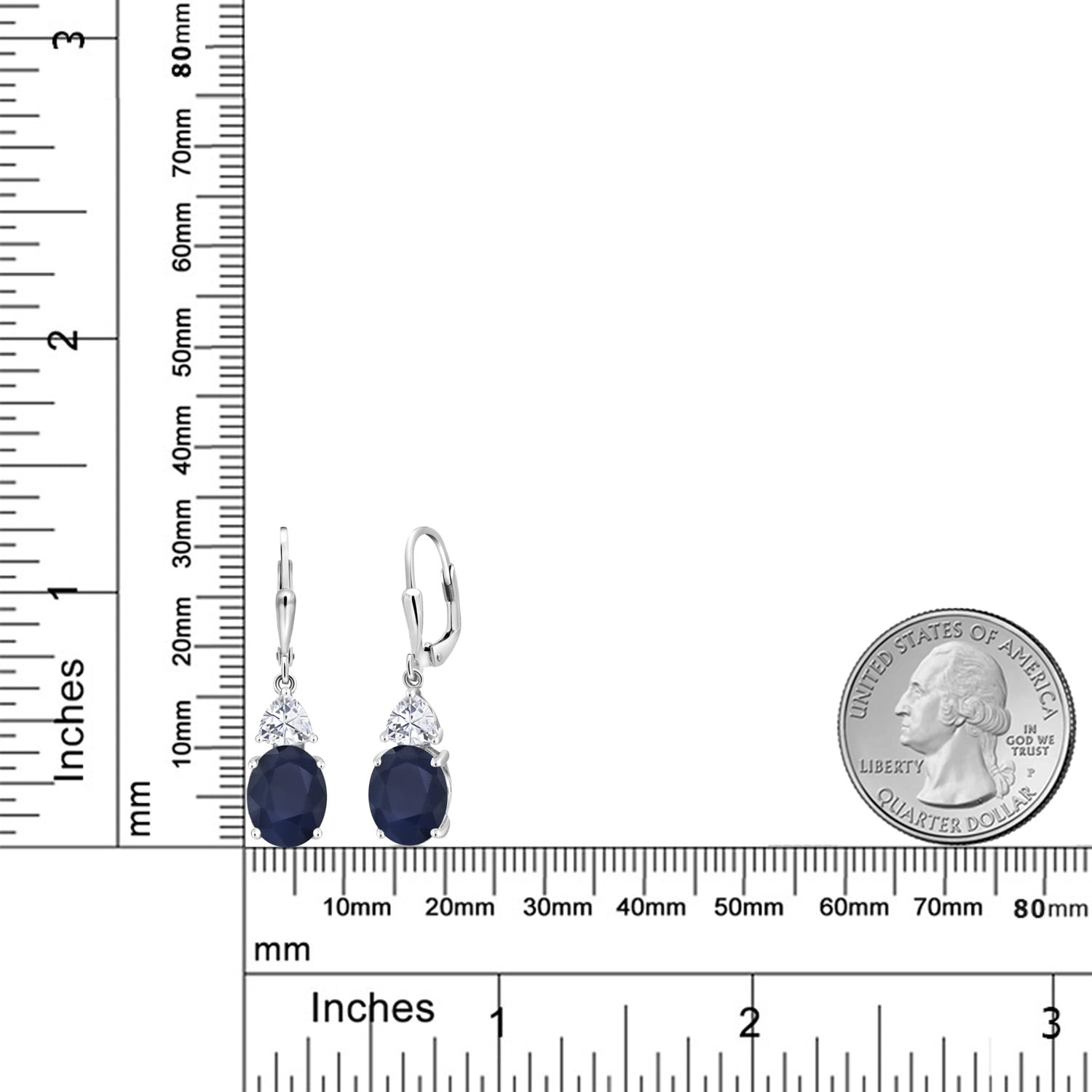 Gem Stone King 925 Sterling Silver Blue Sapphire and White Moissanite Dangle Earrings for Women (6.94 Cttw, Gemstone September Birthstone, Oval 10X8MM, Trillion 5MM)