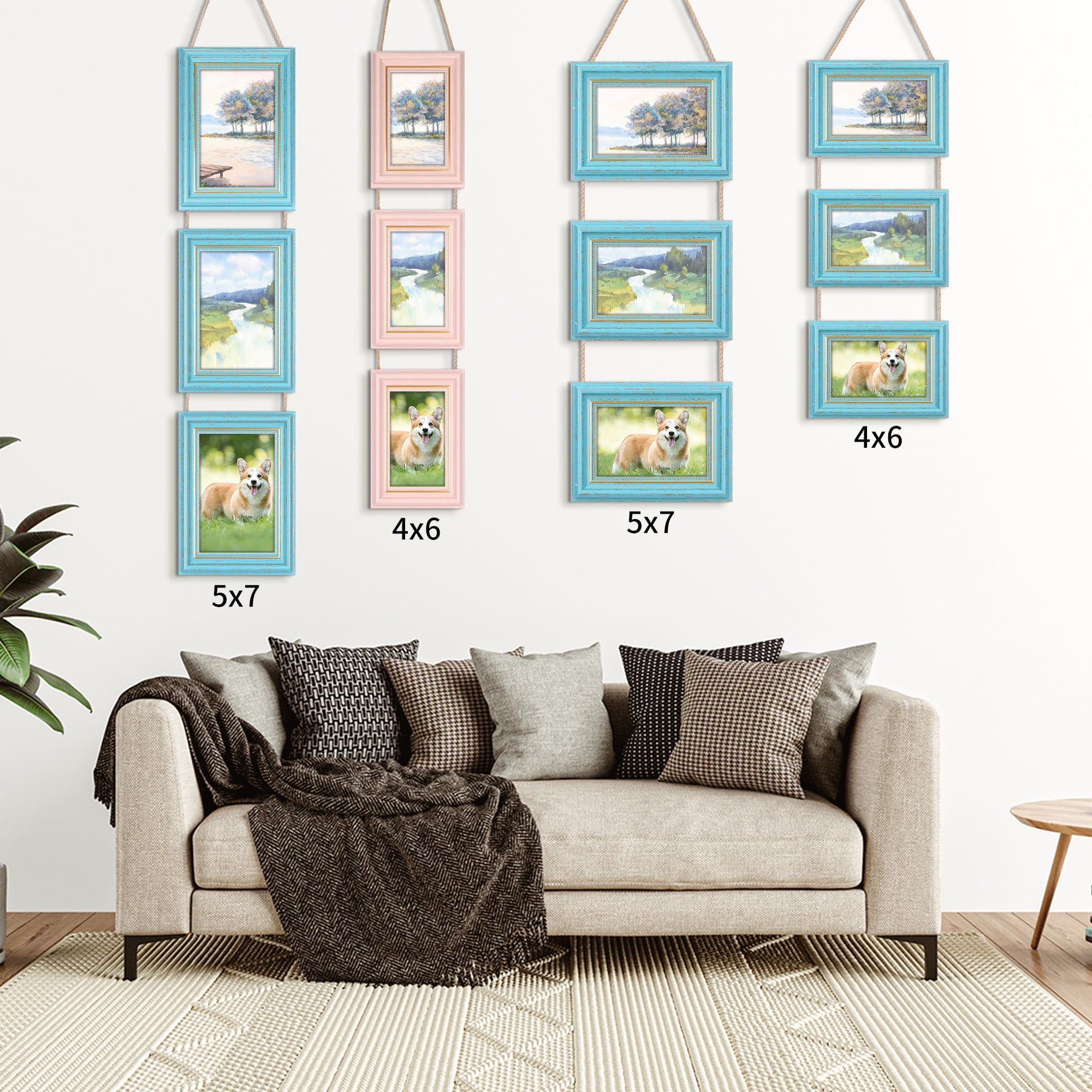 Unique Bargains Hanging Collage Picture Frame Wall Decor w Rope Blue Two Horizontal 5x7"