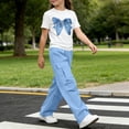 thumbnail image 6 of FSYBOA Girls Outfit Sets, Graphic Shorts Sleeves 2 Piece Crew Neck Kids Summer Tops and Pants Blue Size 5-6T, 6 of 7
