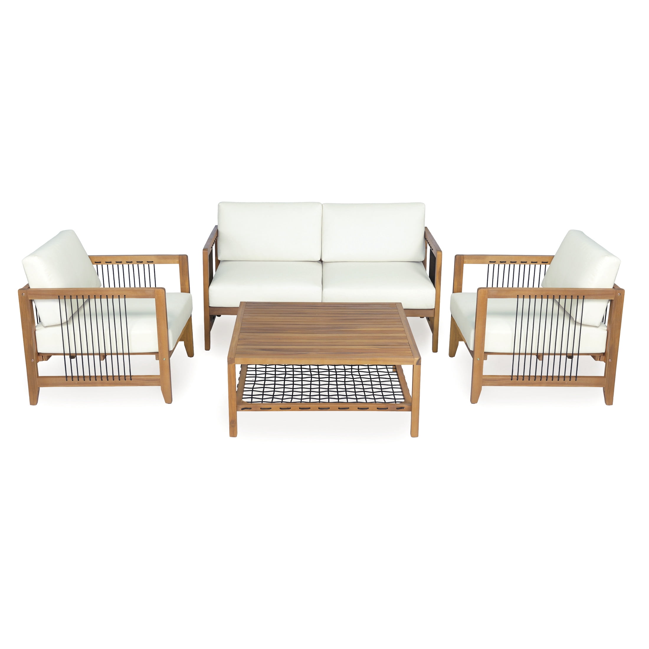 Christopher Knight Home 4-Piece Outdoor Conversation Set with Handwoven Rope and Cushions, Teak+Beige