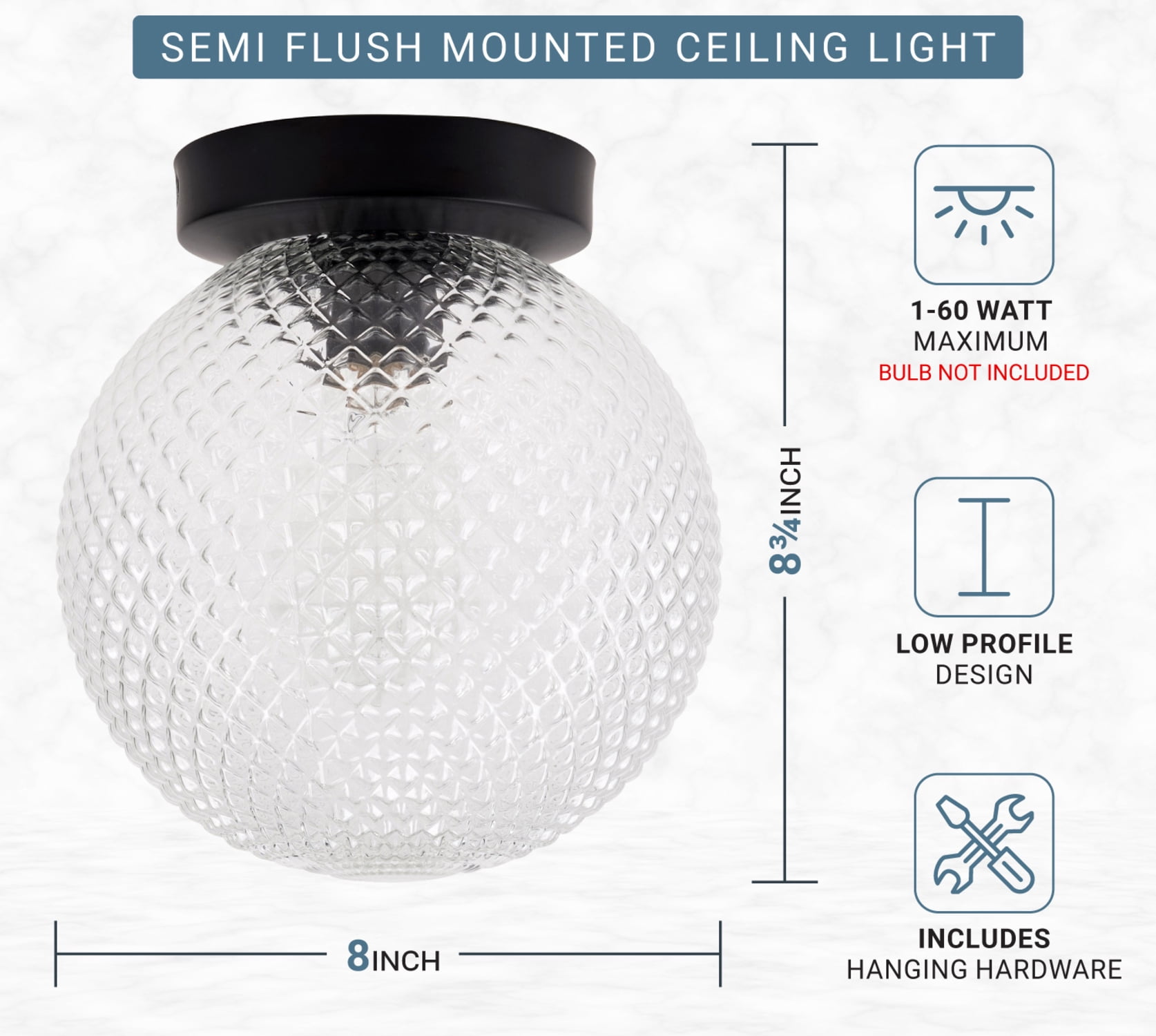 Kenroy Home Prismatic 8'' Flush Mount Ceiling Light Fixture with Clear Glass Globe Shade for Entryway, Hallway, Closet, or Bedroom, Black