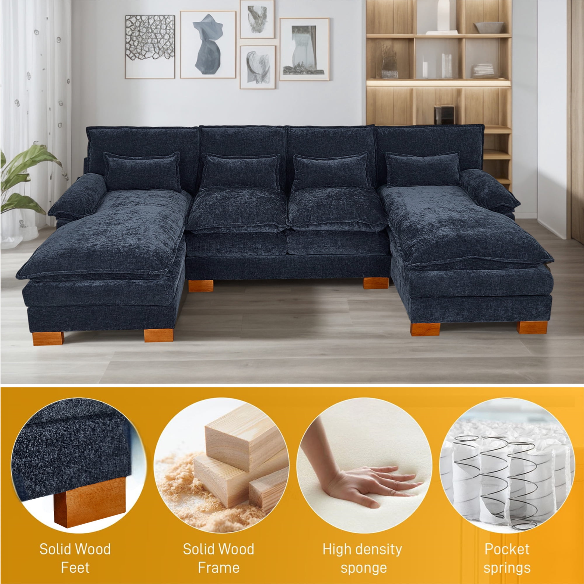 Aukfa 113" Sectional Sofa Couch with 4 Lumbar Pillows&Dual Layer Cushions, Chenille, Blue