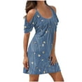thumbnail image 2 of Robes d'Été Robe d'Été pour Femmes Imprimé Manches Courtes Épaules Dénudées Col Rond Robe Bleu Foncé TG, 2 of 5