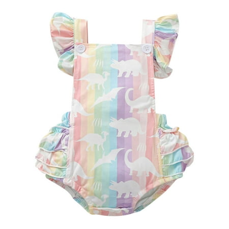 

Canrulo Infant Baby Girls Dinosaur Rainbow Stripe Printed Backless Fly Sleeve Romper Colorful 12-18 Months