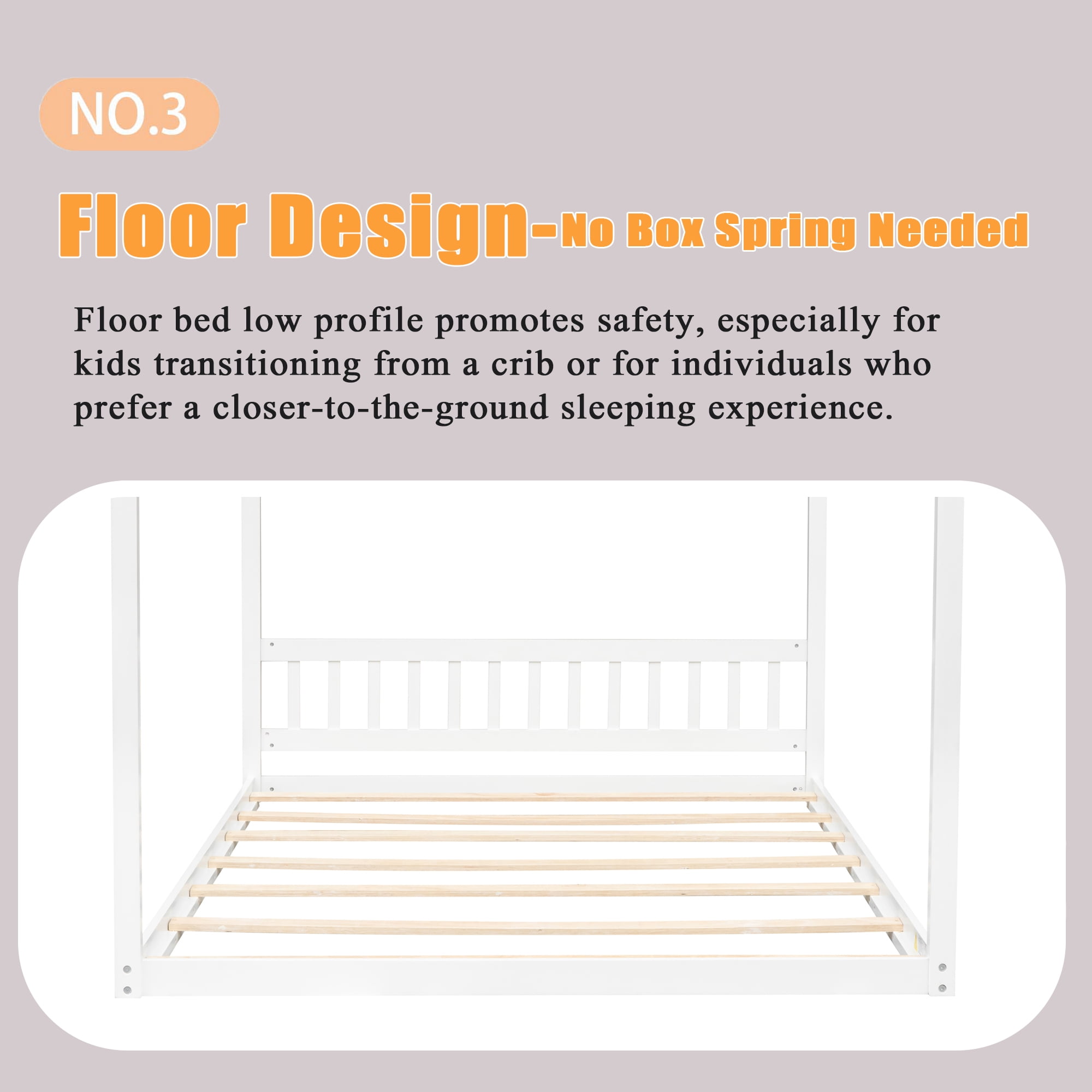 Bellemave Queen Size House Bed, Wood Montessori Floor Beds with Headboard Frame, No Box Spring Needed (Gray)