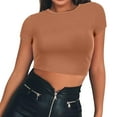 thumbnail image 4 of Brown Tshirts for Women Round Neck Summer Solid Color Short T Shirt Summer Tops, 4 of 5