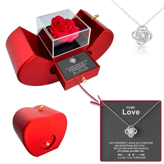 Collar con colgante de trébol de cuatro hojas para mujer | Cobre chapado en oro rosa con circonitas | Caja de regalo con rosa auténtica y tarjeta con mensaje