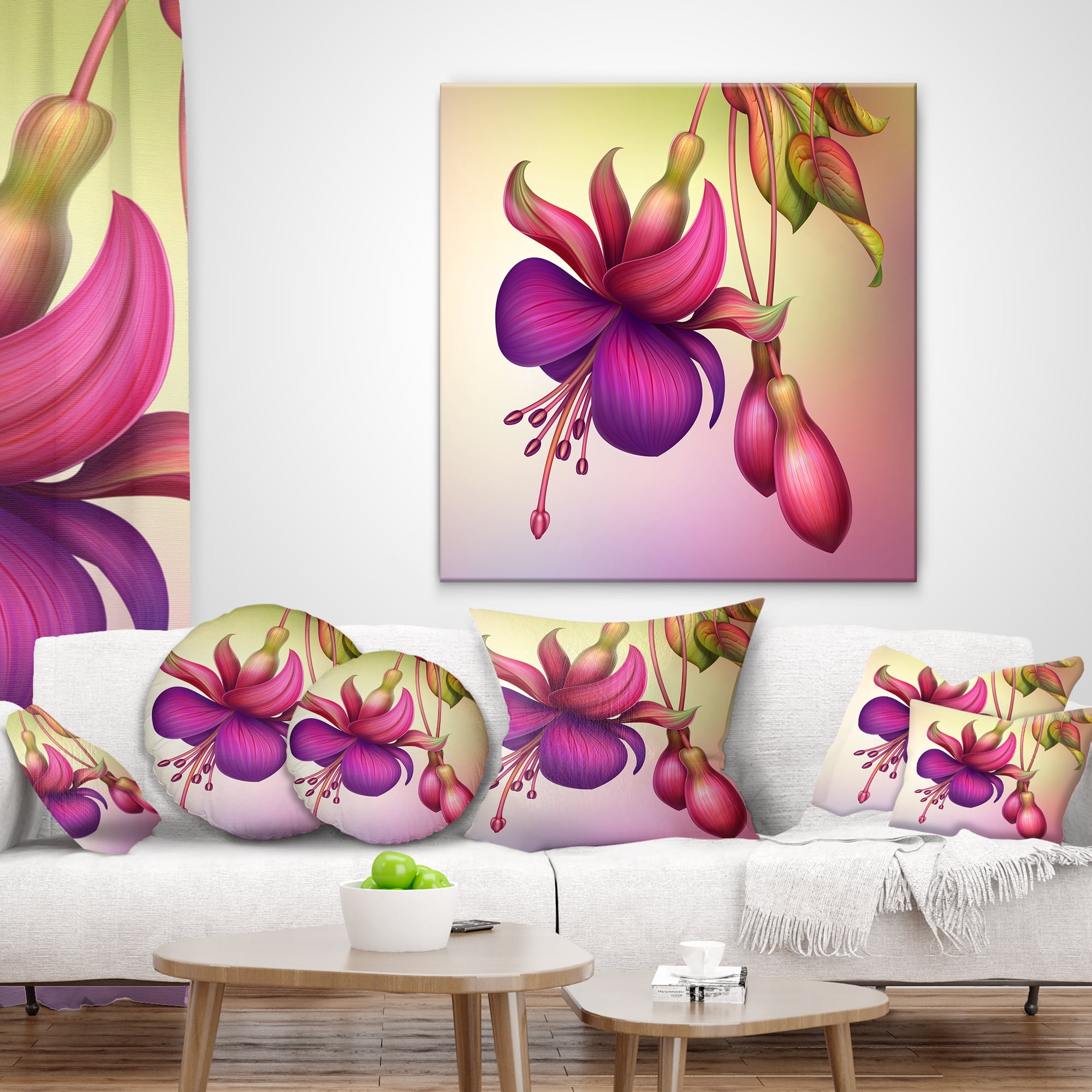 Designart Fuchsia Flowers with Green Leaves - Floral Throw Pillow - 18x18