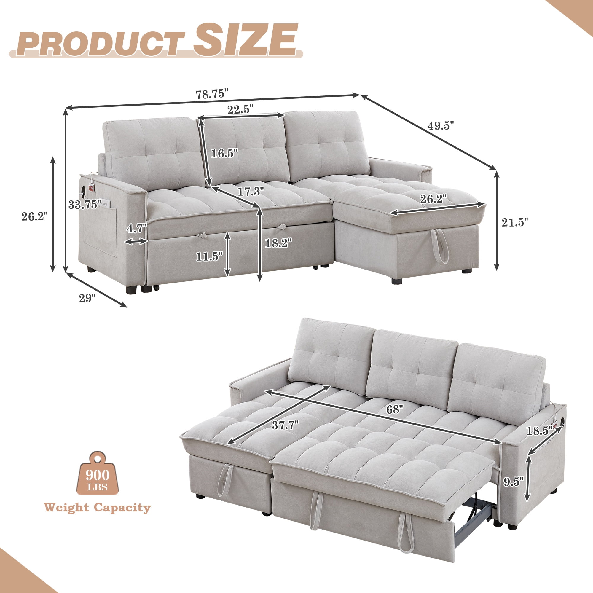 Lunale Convertible Sofa Bed with Reversible Storage Chaise, Sleeper Sectional Sofa with USB Charging Ports, L-Shaped Sectional Sofa for Apartment, Light Gray Chenille