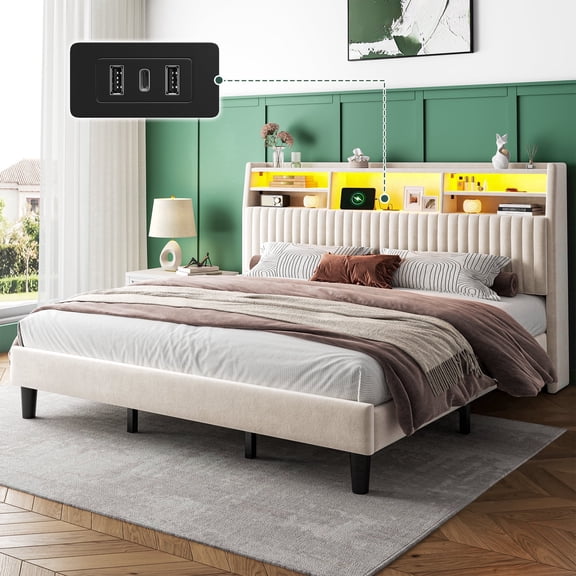 EnHomee King Size Bed Frame with 2-Tier Storage Shelf Upholstered Bed Frame with Headboard & LED Lights & Charge Station,Beige