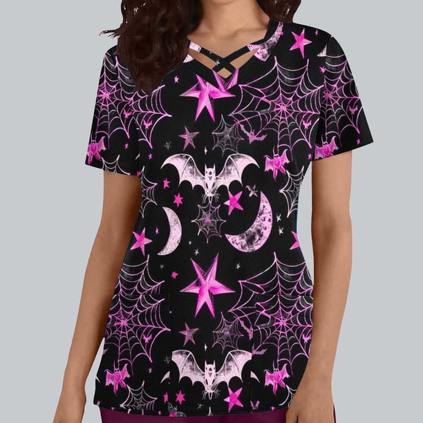 Puntoco Top de lactancia informal con cuello en V, manga corta y estampado de Halloween para mujer