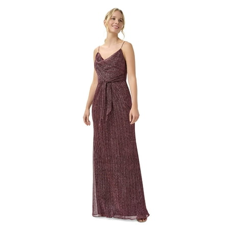 Adrianna Papell Women's Metallic Crinkle Gown, Burgundy, 4