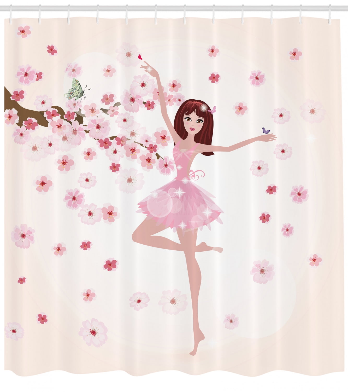 Ballet Shower Curtain, Beautiful Ballerina with Inspirational Spring Flowers Butterfly Sakura