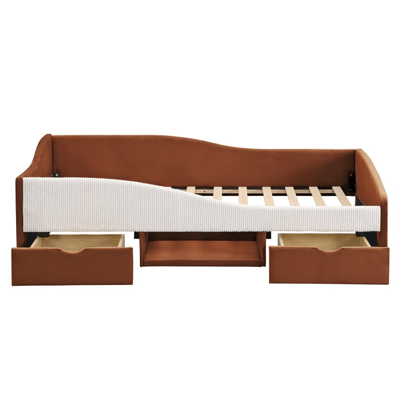 Twin Size Upholstered Daybed Frame, Low-Profile Storage Platform Bed with 2 Drawers and Open Compartment, Two-Tone Accent Kids Bed