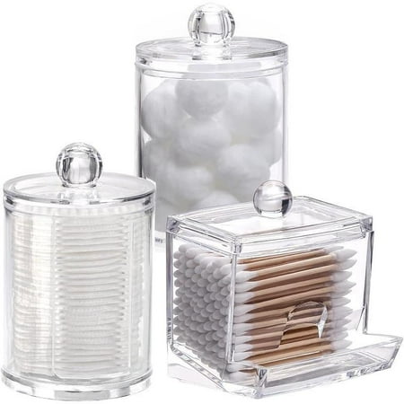 

Qtips Holder Bathroom Container 10/7 OZ Cotton Ball/Swabs Dispenser Apothecary Jar Organizer for Storage Brown Wood Lids Bottles Plastic Kitchen