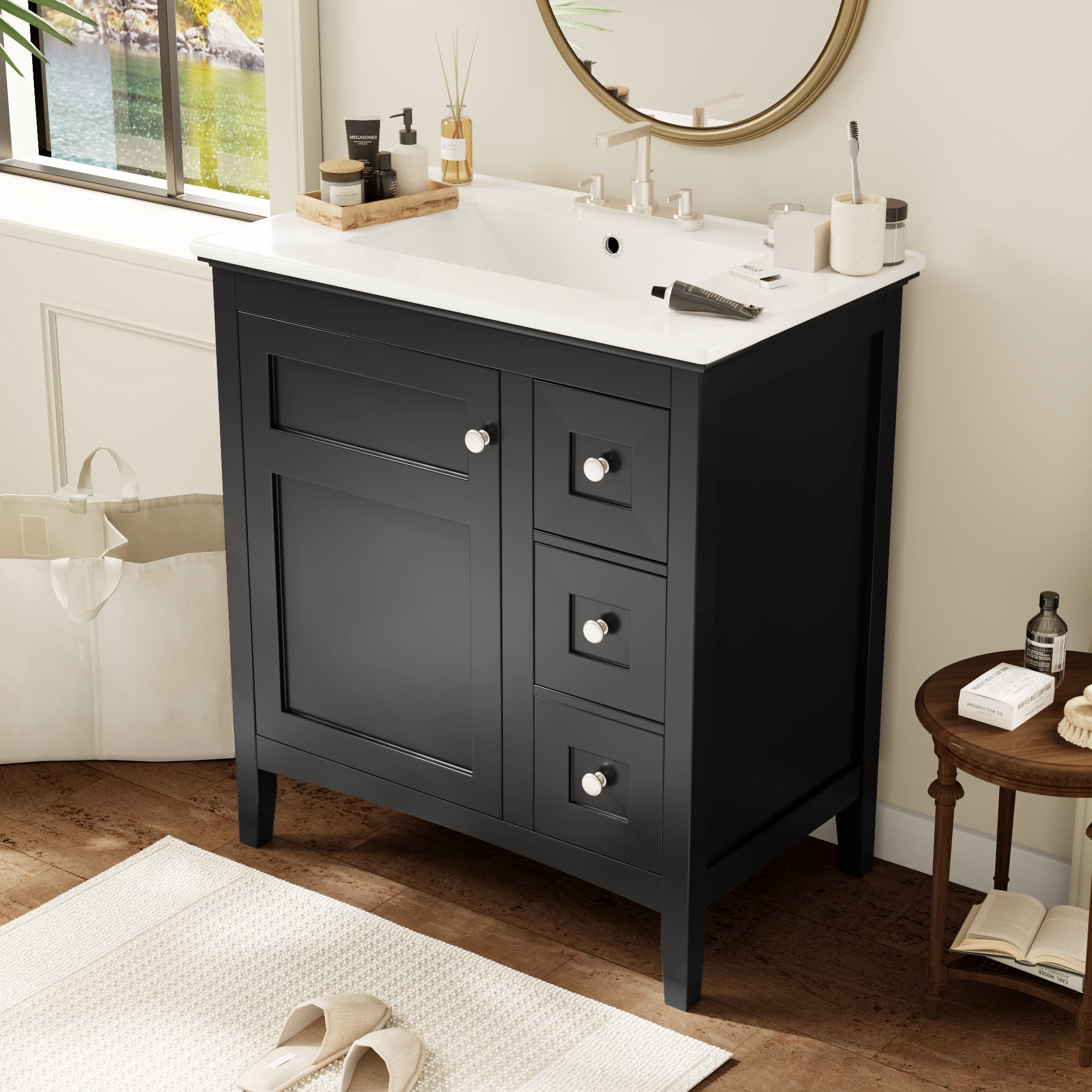Euroco 30 Inch Bathroom Vanity with Ceramic Sink, Black Bathroom with 3 Drawers, Solid Wood Frame Modern Bathroom Storage Cabinet , Ideal for Home