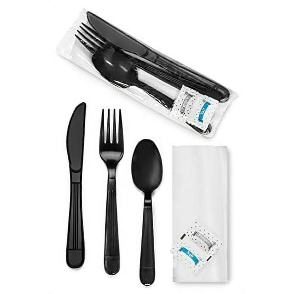 Faithful Supply Plastic Silverware Sets (125 Pre-Packaged) | Heavy Duty Salt Pepper | Wrapped Plastic Cutlery Set with Napkin for Parties (Black)