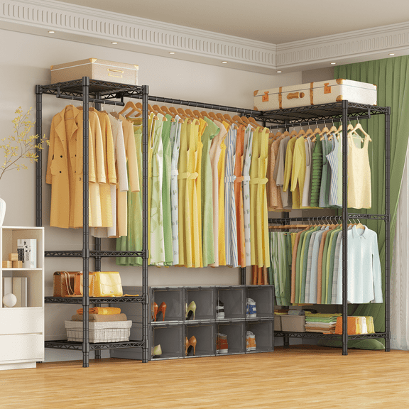 E10L L-Shaped Clothes Rack for Corner(With Expandable Hanger Rod)Heavy Duty Freestanding Clothing Racks for Hanging Clothes,Portable Garment Rack 58-82"W x 30"D x 72"H,Max Load 900LBS,Black