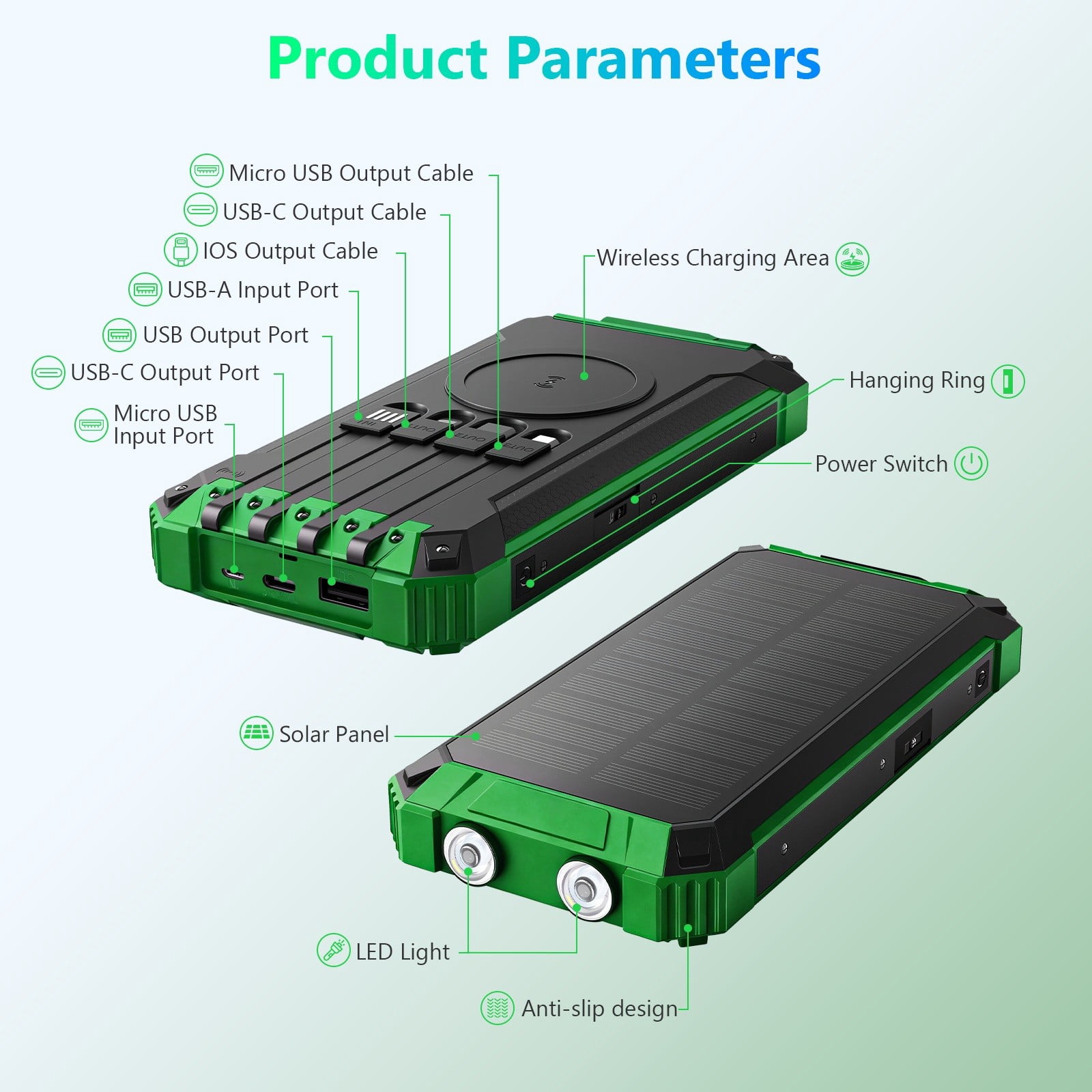 Power Bank Wireless Charger 46800mAh Built in 4 Cables Six Outputs 15W Fast Charging Power Bank for All Mobile Devices Three Inputs Solar Portable Charger with Dual Flashlights, Carabiner(Green)