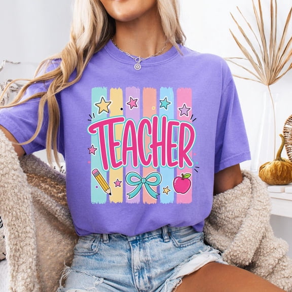 VibeNest Studio Unisex Striped Teacher Preppy Bow Cute Back to School Appreciation Garment Dyed Graphic T-Shirt