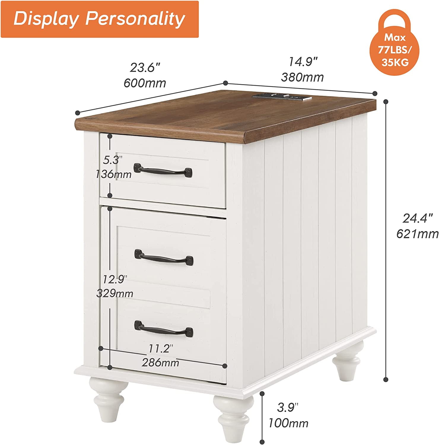 End Table with Charging Station&USB Port, Side Table with Storage Drawers for Living Room, Bedroom, White