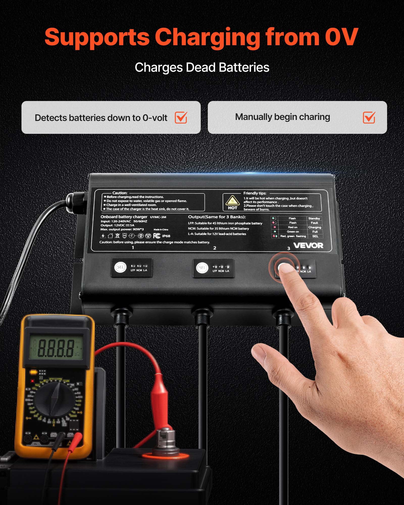VEVOR Marine Battery Charger, 3-Bank, 5A 12V Onboard Boat Charger, IP68 Waterproof Smart On-Board Battery Charger, for Lithium-Ion (LiFePO4), NCM, Lead-Acid Batteries, Large Boat,Yacht,RV,Trailer