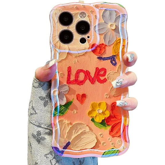 Case for iPhone 15 Pro 6.1 inch, Colorful Retro Oil Painting Flower Case Pretty Glossy Pattern Wave Case Cute Sparkly Floral Curly Cover Stylish Soft Case for Women and Girl - Love Flower