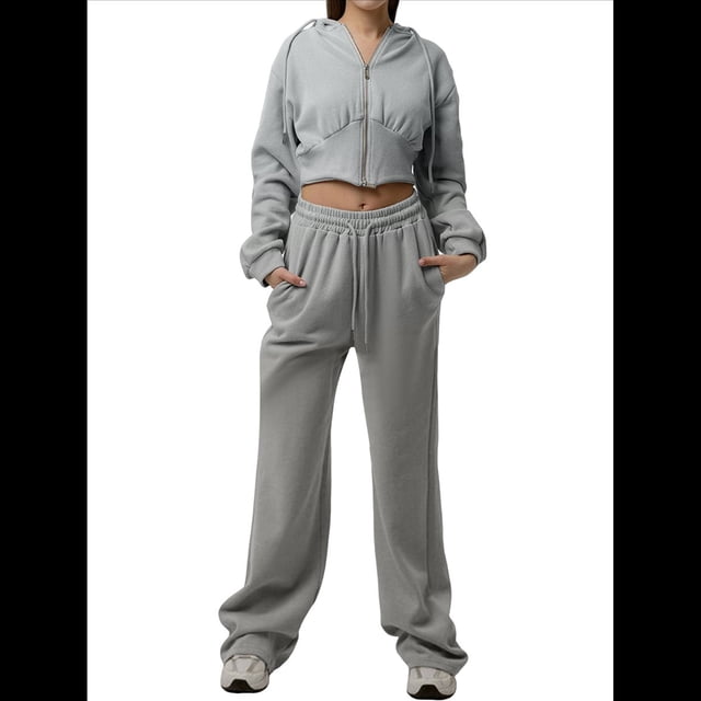 Conjunto Deportivo para Mujer: Sudadera con Capucha y Cremallera de Larga con Pantalones de Color Liso con Cordones - Conjunto de Dos Piezas Gris M
