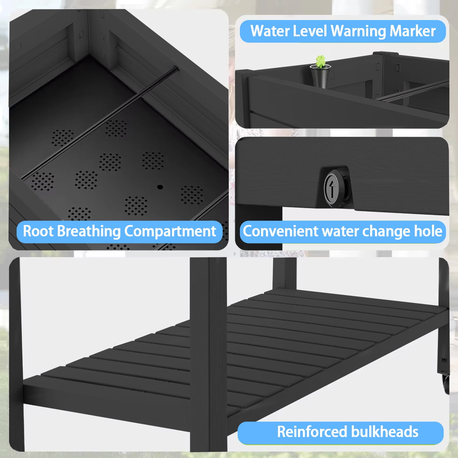 Joxxoaa Raised Garden Bed with Legs,Self-Watering Resin Planter Box with Lockable Wheels Drainage Plug and Gauge for Vegetables, Flowers, Storage Shelf for Tools and Accessories (Black)