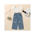 thumbnail image 2 of Seyurigaoka 2Pcs Kids Girls' Trousers Suit Short Sleeve Ruffled Square Neck Lace Tops + Elastic Waist Ripped Denim Pants, 2 of 9