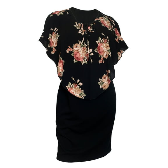 eVogues Plus Size Lace up Layered Poncho Dress Floral Print Black 1761