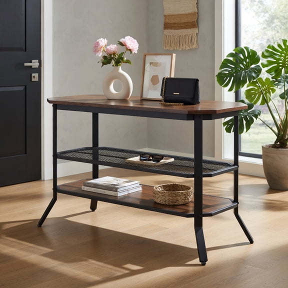 Resenkos 3-tier Console Table TV Stand with Mesh Storage Shelf-Rustic Brown, Narrow Console Table, Entryway Hall Table with Shelves for Foyer & Entry Spaces