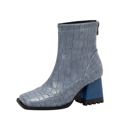 

GNEIKDEING Ladies Colorblock Back Zipper Square Toe Chunky High Heel Booties Gift on Clearance