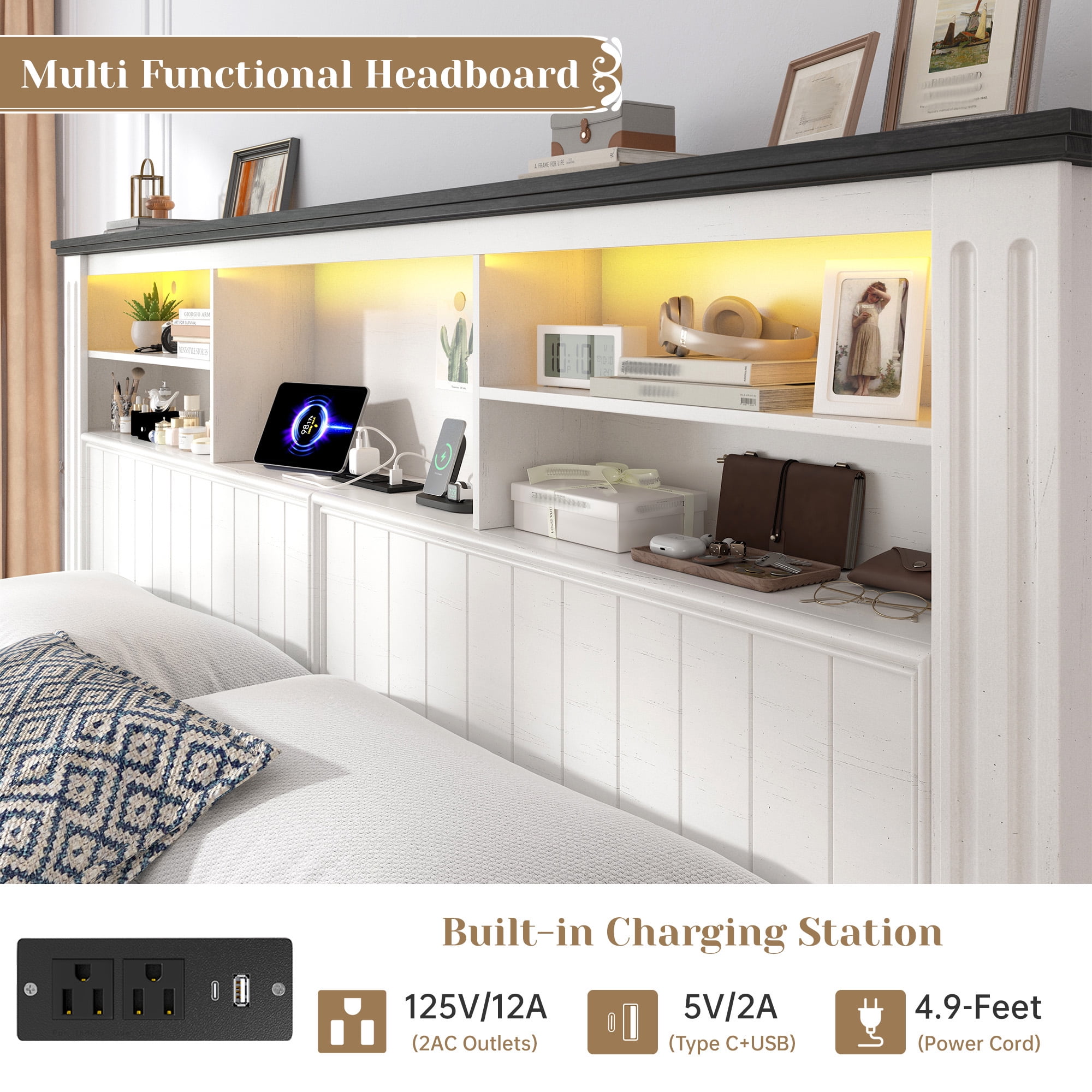 EnHomee King Size Bed Frame with 4 Storage Drawers Platform Bed Frame metal with Headboard and Storage Framhouse Bed Frame with LED Lights & Charge Station, White