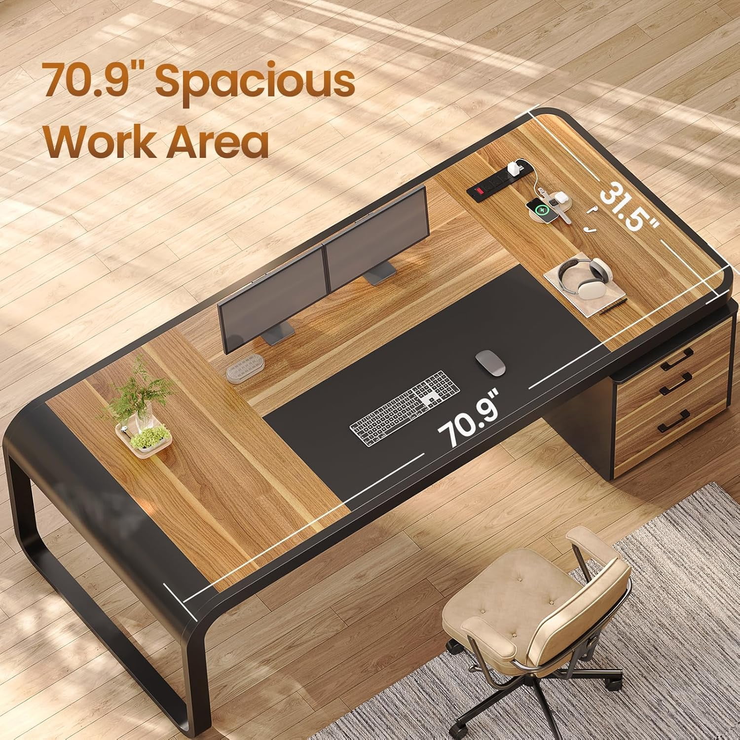 70.9" Executive Desk with Drawers and Power Outlets, Modern Office Desk with Shelf and Large Desktop, Computer Desk Study Table with Storage, Rustic Brown