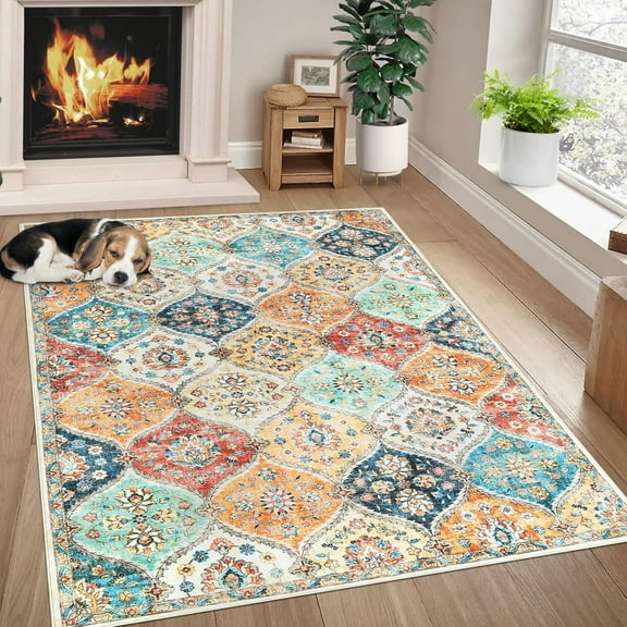Washable Rugs 5x7 Vintage Oriental Area Rug Indoor Floor Carpet Non Slip Non Shedding Rug for Bedroom Living Room, Orange