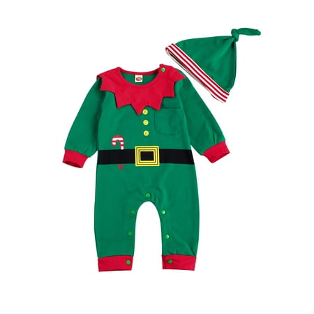 

Newborn Santa Claus Romper Outfits Baby Girls Boys Long Sleeve Printed Jumpsuit with Stripe Hat for Holiday Party