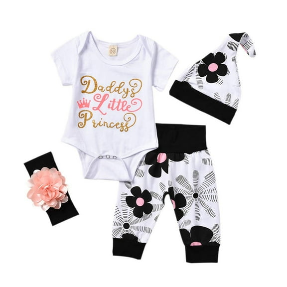 Qtinghua Newborn Baby Girl Daddy's Little Princess Letter Print Romper Jumpsuit Pants Hat and Headband 4Pcs Clothes White Newborn