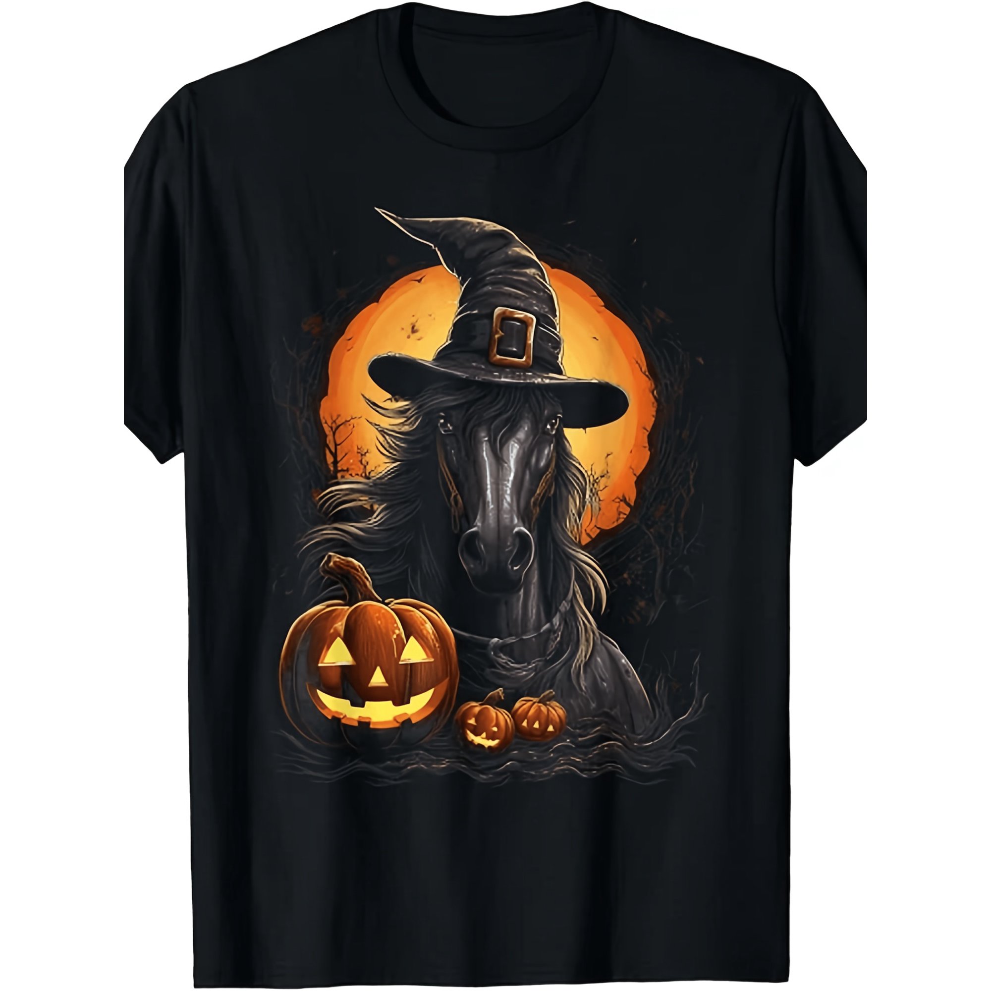 Halloween Horse Pumpkin Graphic Cotton Men's Women's Tee Shirt