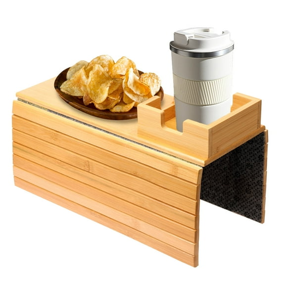 Grusce Couch Cup Holder Tray, Wooden Anti Slip Sofa Arm Tray, Table Sofa Snack Holder, Armrest Organizer for Snacks Phone TV Remote Cups