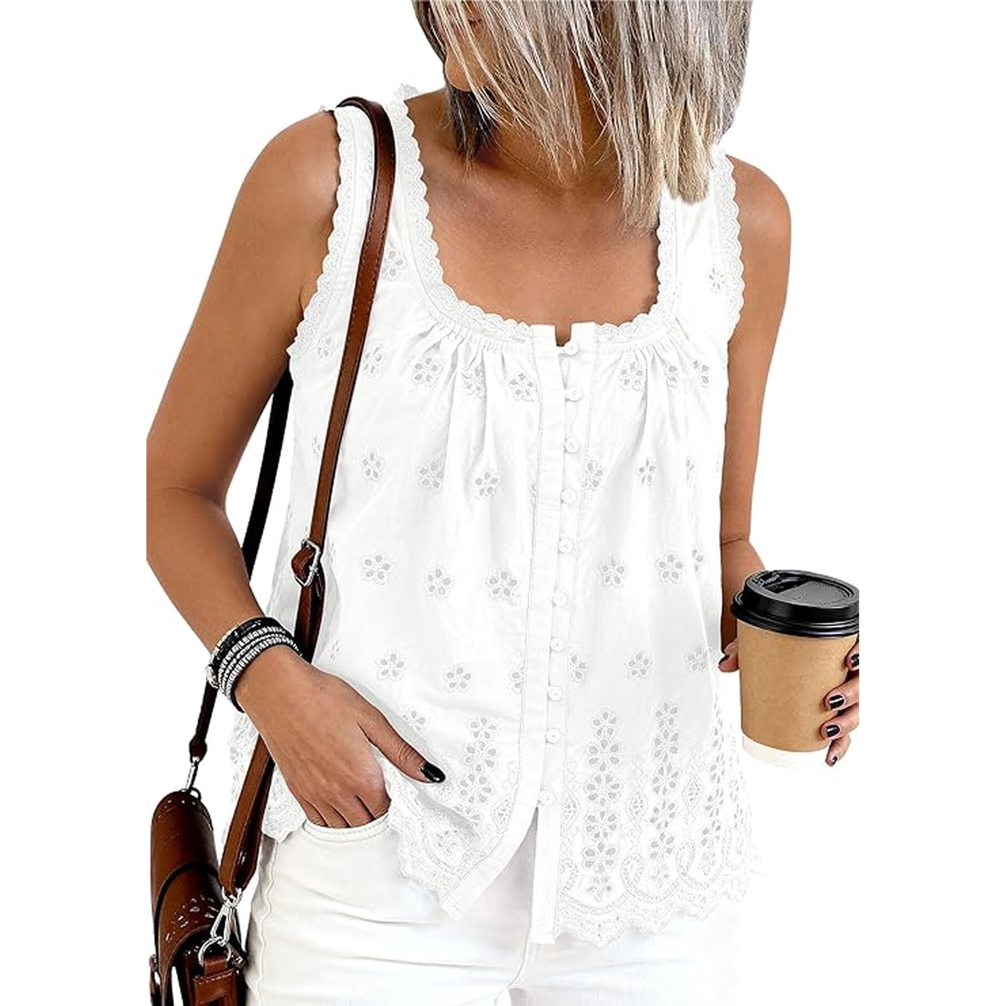 PRETTYGARDEN Womens Tank Tops Summer Button Down Shirts Embroidered Eyelet Dressy Casual Blouses Beach Vacation Clothes