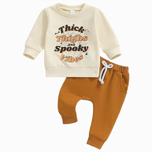 YIWULA Halloween Baby Boy Girl Clothes Funny Ghost Face Pullover Sweatshirt Jogger Pants Fall Holiday Sweatsuits Outfit Toddler Long Pumpkin Shirt Pant Set(2-3 Years,Beige)
