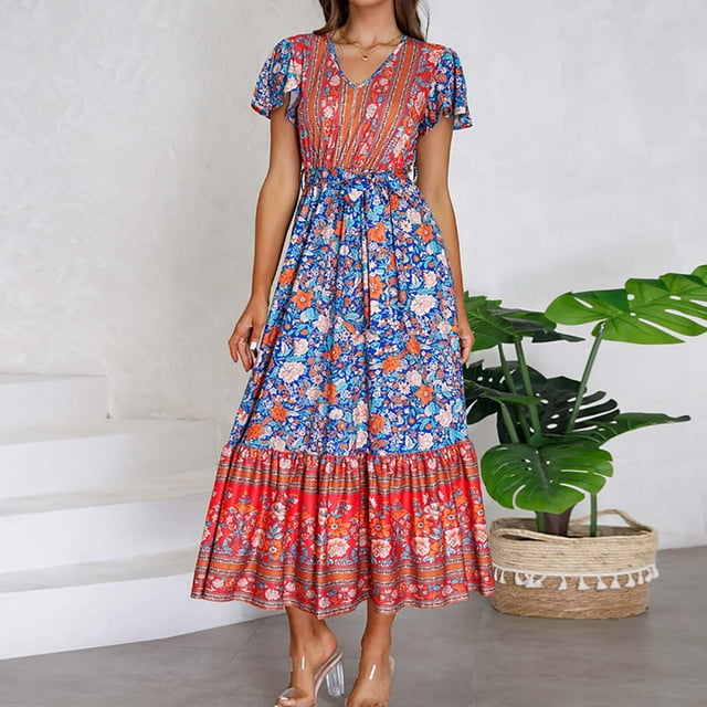 Robes Maxi pour Femmes 2023 avec Manches Mode pour Femmes Décontractée Printemps et Été Imprimé Floral Manches Courtes Col en V Robe Longueur Cheville Robe à Manches Courtes en Liquidation
