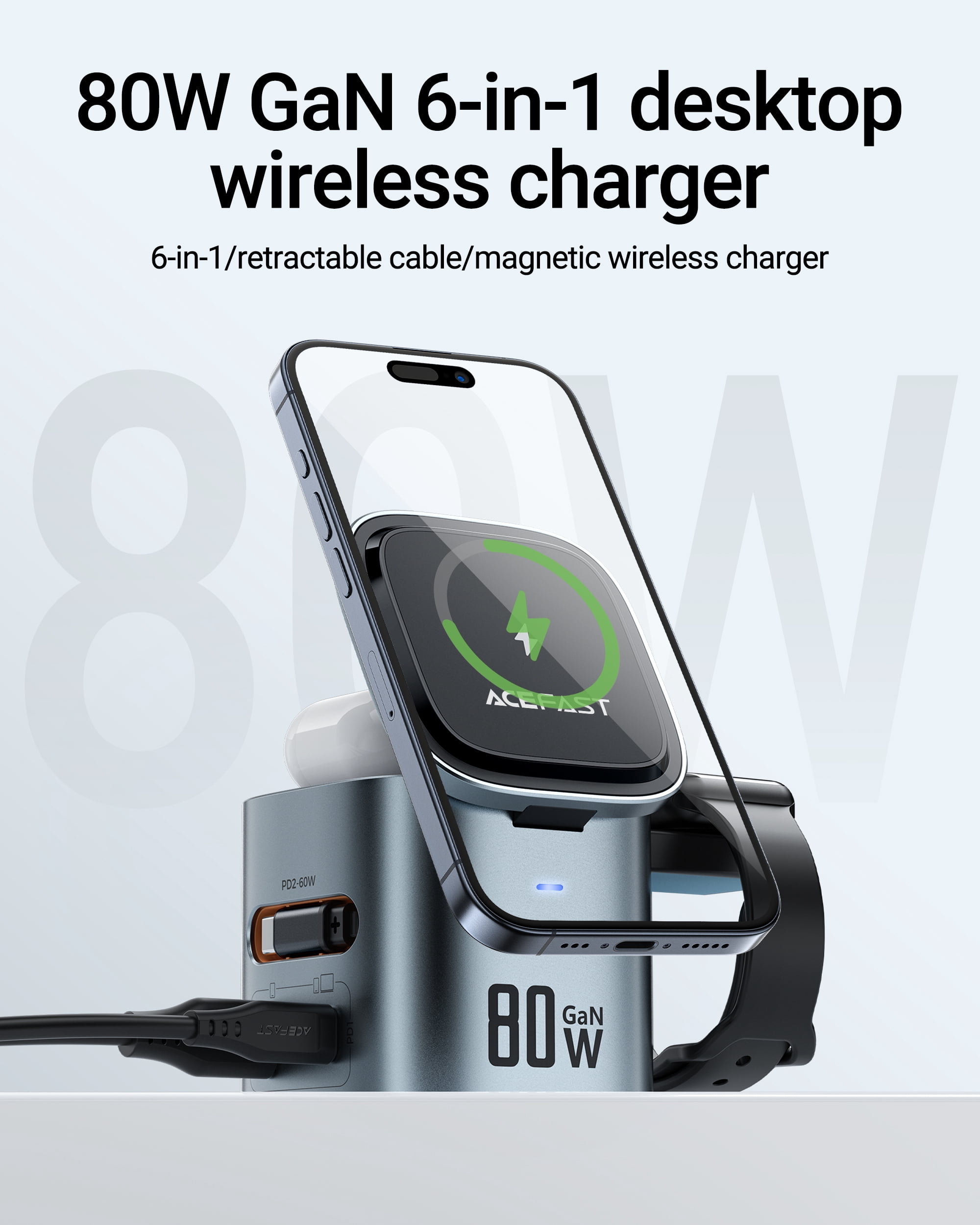 ACEFAST GaN 80W Fast Charging Station for Multiple Devices, 6-in-1 Cube Magnetic Wireless Charger with Retractable 65cm Cable for Smartphones, Laptops, iWatch and Air pods