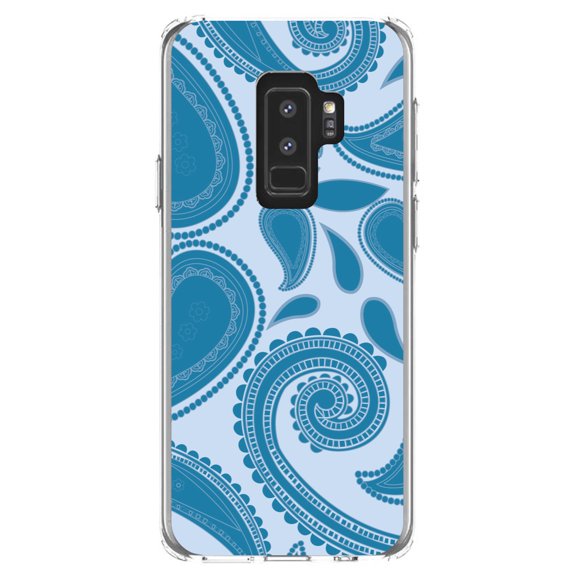 DistinctInk Clear Shockproof Hybrid Case for Samsung Galaxy S9+ PLUS (6.2" Screen) - TPU Bumper, Acrylic Back, Tempered Glass Screen Protector - Big Blue Paisley