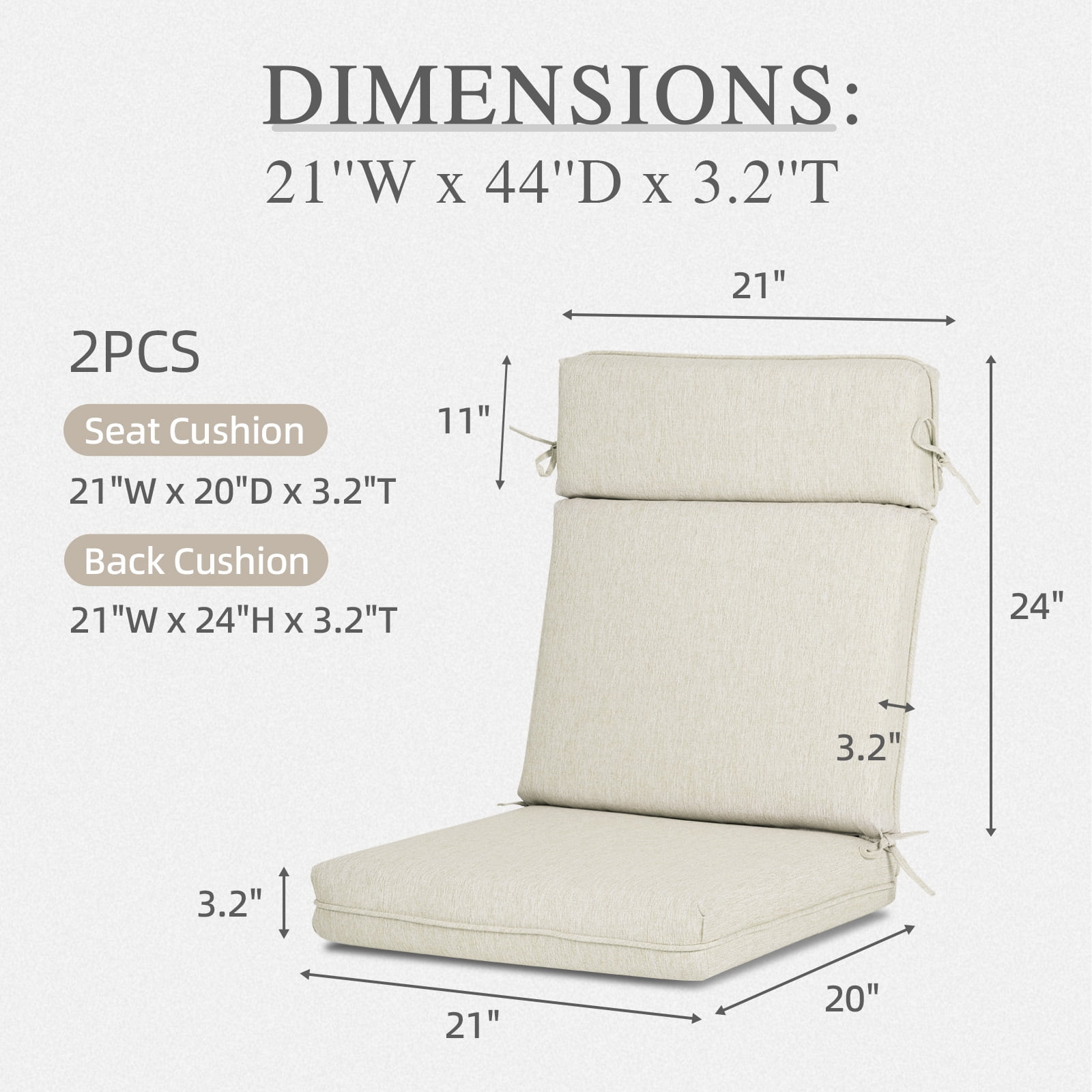 Aoodor High-Back Outdoor Dining Chair Cushion Set, Fade-Resistant Polyester Fabric, Water-Repellent TPU Coating, 44x21x3 Inches (Set of 2)