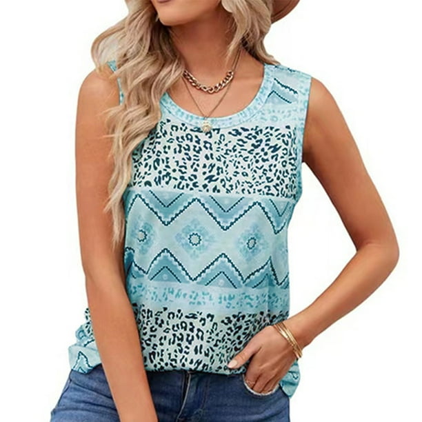 Camiseta sin mangas étnica informal con estampado de verano para mujer, camiseta holgada con cuello redondo