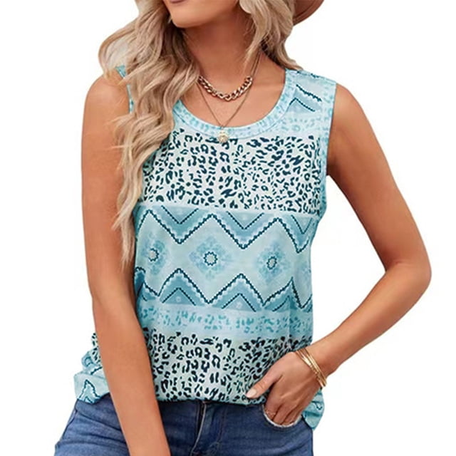 Camiseta sin mangas étnica informal con estampado de verano para mujer, camiseta holgada con cuello redondo
