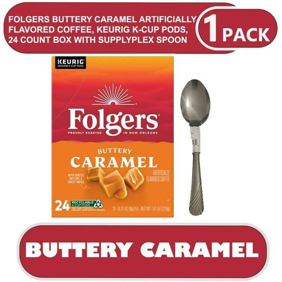 Folgers Buttery Caramel Artificially Flavored Coffee, Keurig K-Cup Pods, 24 Count Box with Supplyplex Spoon