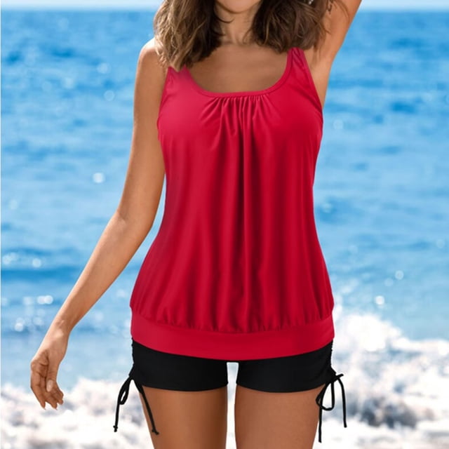 Mejor Belleza Mujer Traje de Baño de Moda Aumentar el tamaño 2 Piezas Tankini Tops de Bikini y Partes de Abajo Rojo XXXXXL